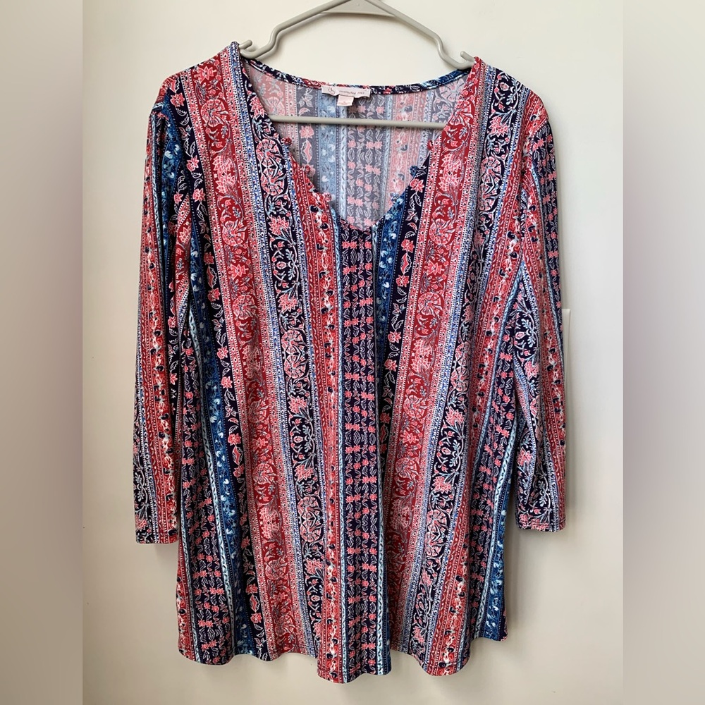 DRESS BARN Women’s Red Blue White Print 3/4 Sleeve Blouse - Picture 3 of 7